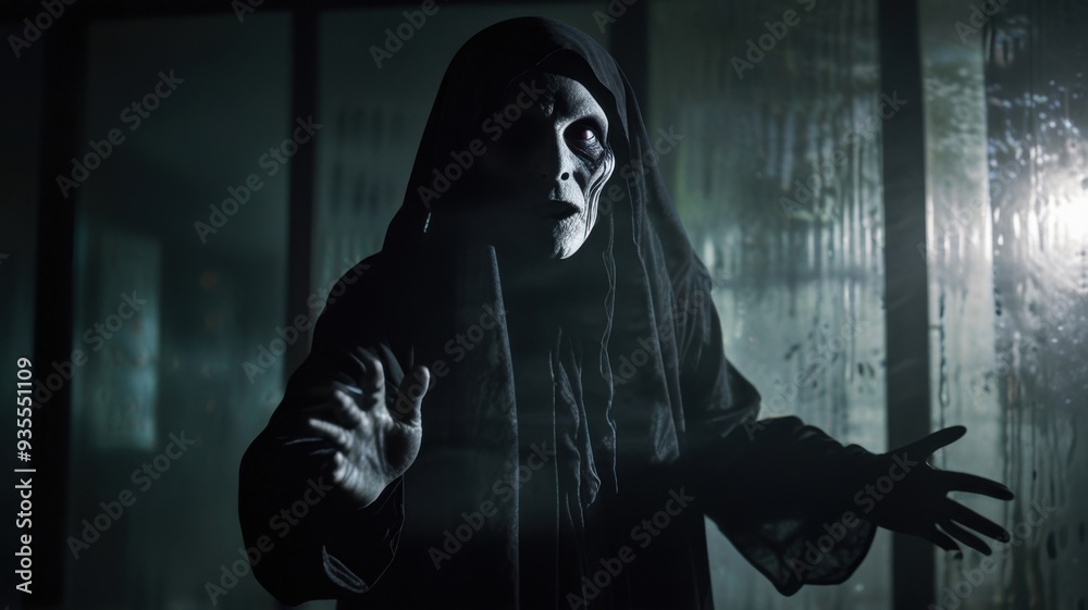 Heavily blurred shadow figure with an indistinct face, emerging from behind frosted glass, creating a gender-ambiguous and eerie horror scene.