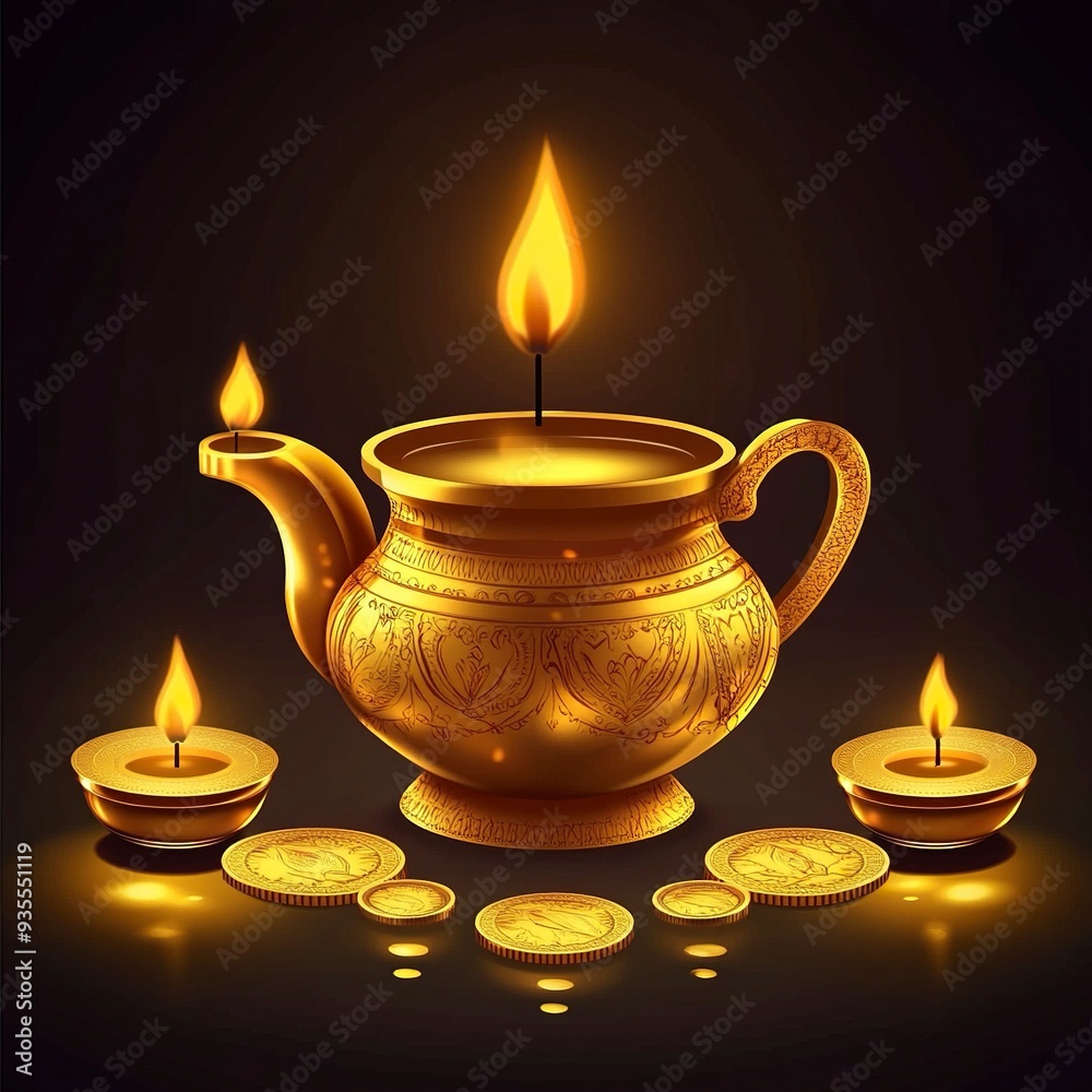 happy dhanteras festival card with golden coin pot and oil diya vector.generative ai happy dhanteras festival card with golden coin pot and oil diya vector.generative ai