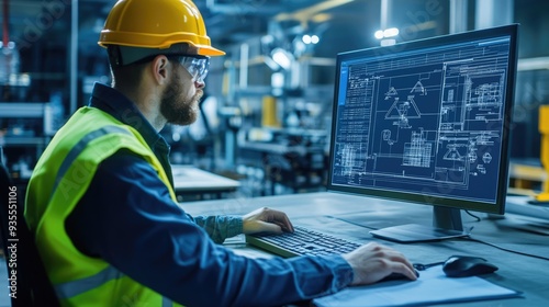 Engineer Analyzing Blueprints on a Computer
