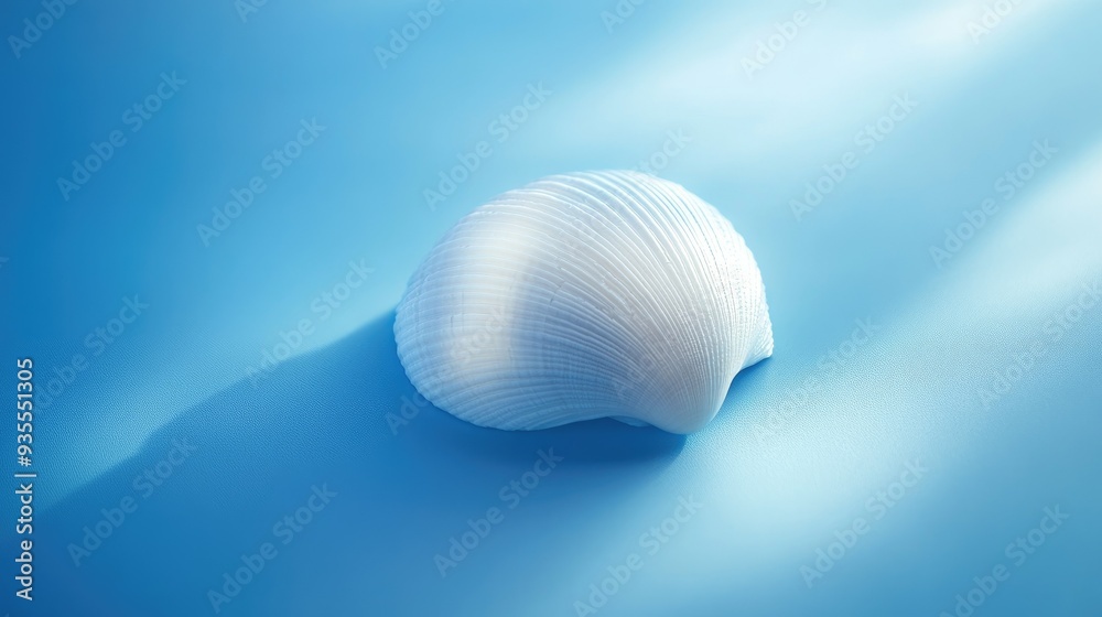 Bright blue background with a single white shell, centered and softly lit, casting a soft shadow Bright blue background with a single white shell, centered and softly lit, casting a soft shadow