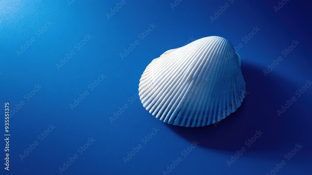 Bright blue background with a single white shell, centered and softly lit, casting a soft shadow Bright blue background with a single white shell, centered and softly lit, casting a soft shadow