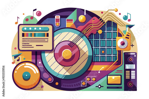 Abstract Composition with Music Elements and Geometric Shapes