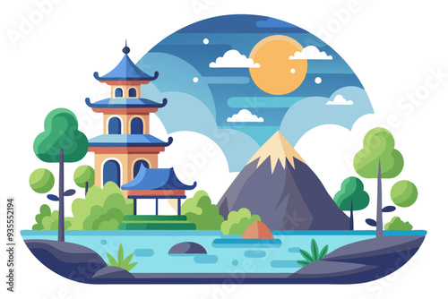 Wallpaper Mural A Chinese Pagoda in a Mountainous Landscape with a River Torontodigital.ca