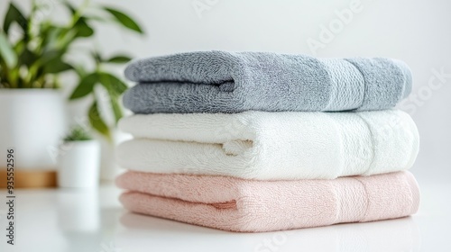 Bright white background with a stack of neatly folded pastel towels, soft and inviting