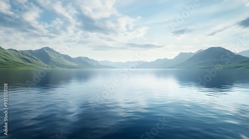 28. Detailed 3D visualization of a tranquil bay with calm waters and distant hills, isolated on a smooth background