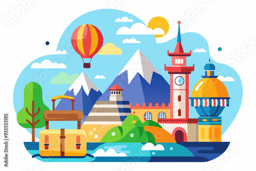 Colorful Cityscape with Hot Air Balloon, Mountains, and Clock Tower