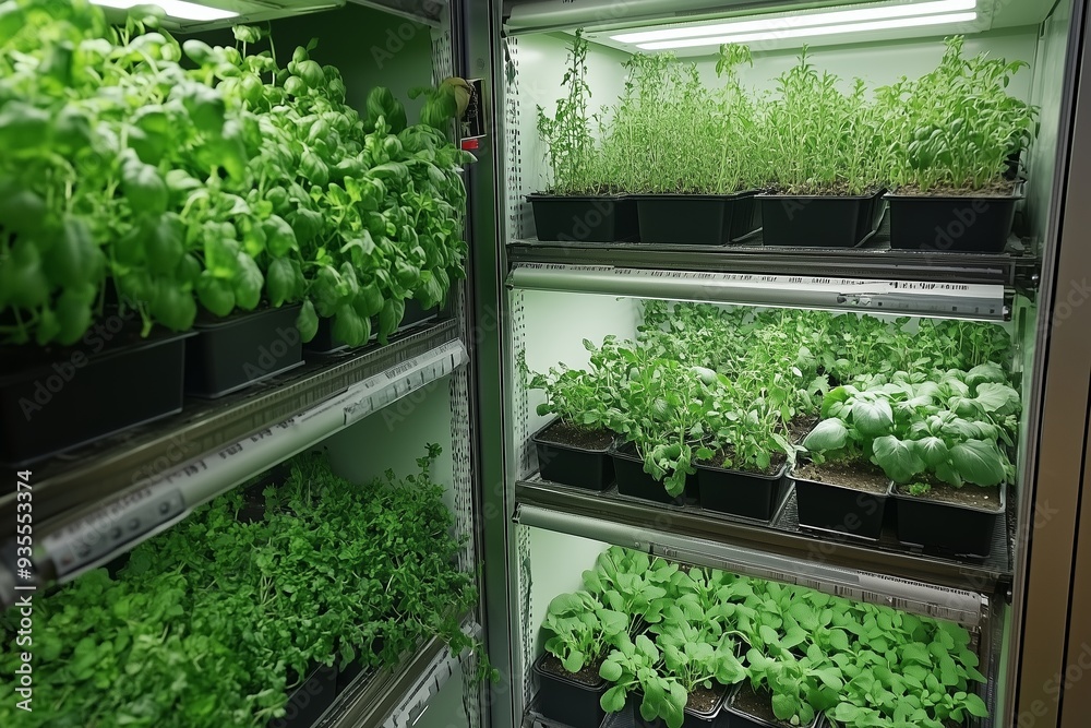 Indoor herb garden with shelves filled with fresh basil, thyme, and various greens arranged in a well-lit grow space Indoor herb garden with shelves filled with fresh basil, thyme, and various greens arranged in a well-lit grow space