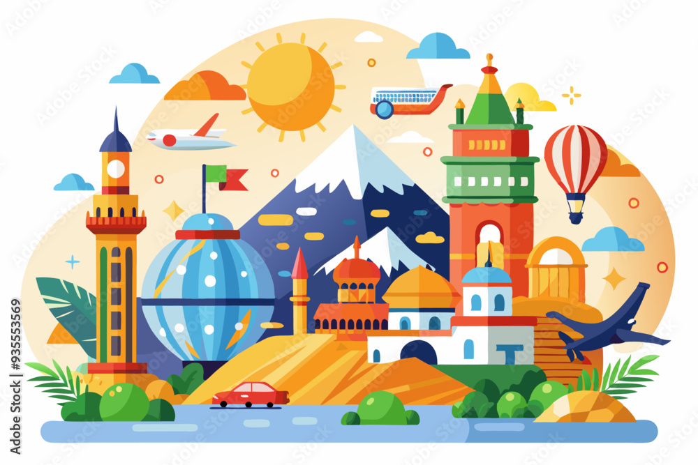 Fototapeta premium A Colorful Illustration of Various Architectural Landmarks