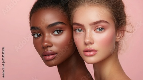 Two models showcase their unique beauty side by side, highlighting diverse skin tones and soft makeup against a pastel backdrop.