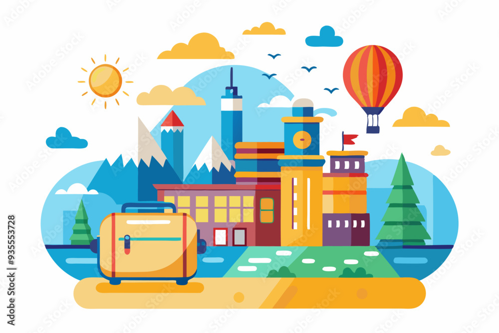 Obraz premium A Colorful Cityscape with a Hot Air Balloon and a Suitcase