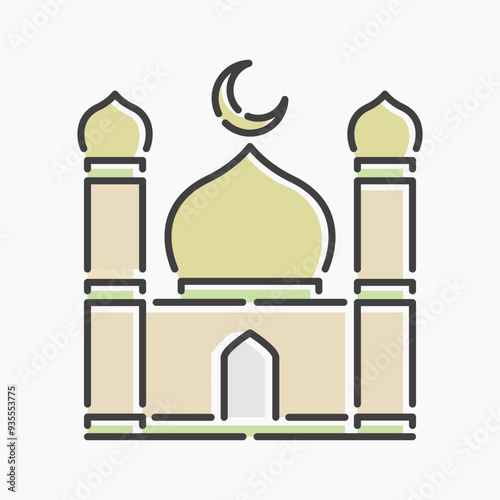 mosque cartoon flat line art. Illustration of mosque, perfect for needs related to islamic, muslim, ramadan, eid al-adha, eid al-fitr, and more.