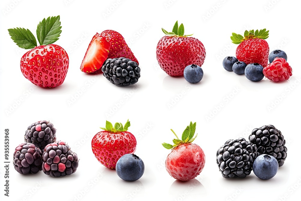 Collage of fresh berries isolated on white background with clipping path 3d rendering Collage of fresh berries isolated on white background with clipping path 3d rendering