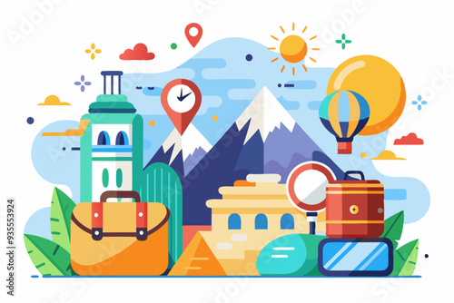 Travel Illustration with Luggage, Mountains, and Hot Air Balloon