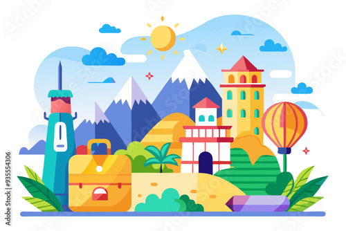 Colorful Illustration of a Mountainous Landscape with Buildings and a Hot Air Balloon