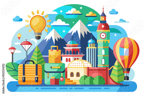 Cityscape with Mountains, Hot Air Balloon, and Lightbulb Sun