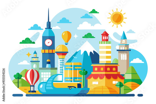 A Cartoon Cityscape with Buildings, Hot Air Balloons, and a Mountain