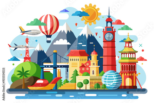 Colorful Illustration of Cityscape with Landmarks, Transportation, and Natural Elements