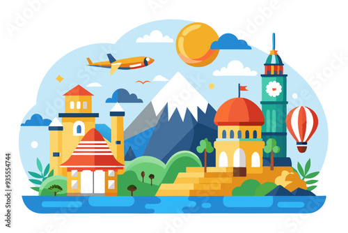 Colorful Cityscape with Airplane, Mountains, and Hot Air Balloon