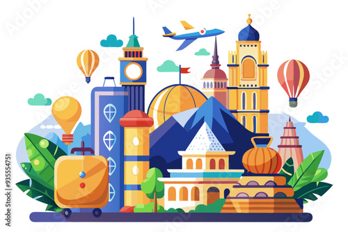 Colorful Illustration of Travel and Landmarks
