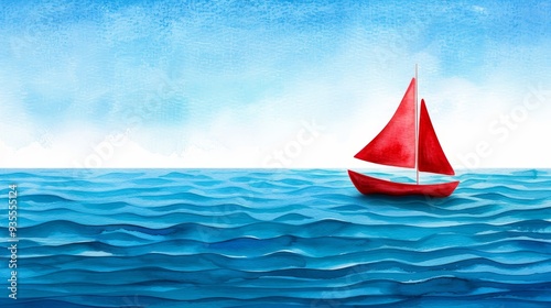 watercolor painting of a red sailboat on a blue ocean with a clear sky, perfect for nautical themed designs, posters, and social media.