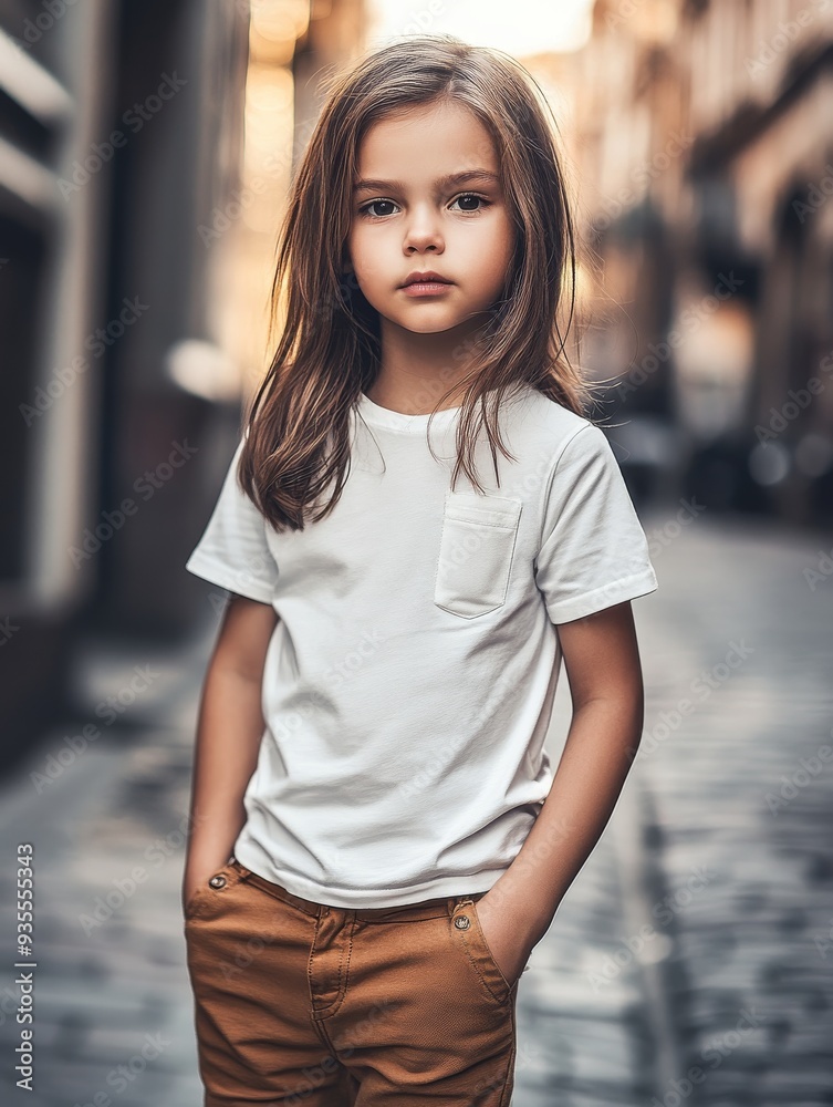 Young Child Stands Confidently on a Cobblestone Street During Sunset Young Child Stands Confidently on a Cobblestone Street During Sunset