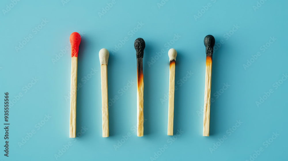 Group of different matches, some burning, pastel blue background, leadership, idea generation, teamwork. Generative AI Group of different matches, some burning, pastel blue background, leadership, idea generation, teamwork. Generative AI