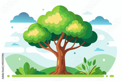 A Single Tree Standing Tall in a Verdant Meadow Under a Blue Sky