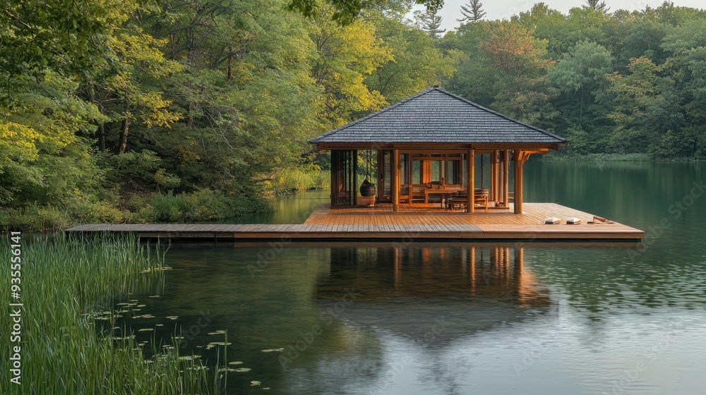 Tranquil Meditation Pavilion Drifting on Calm Lake Waters Tranquil Meditation Pavilion Drifting on Calm Lake Waters
