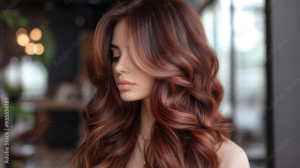 A young woman is gently turning her head, showcasing her long, voluminous wavy hair in a stylish interior. A young woman is gently turning her head, showcasing her long, voluminous wavy hair in a stylish interior.