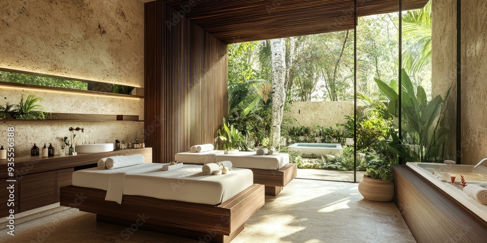 Luxury spa with jungle view and two massage beds.