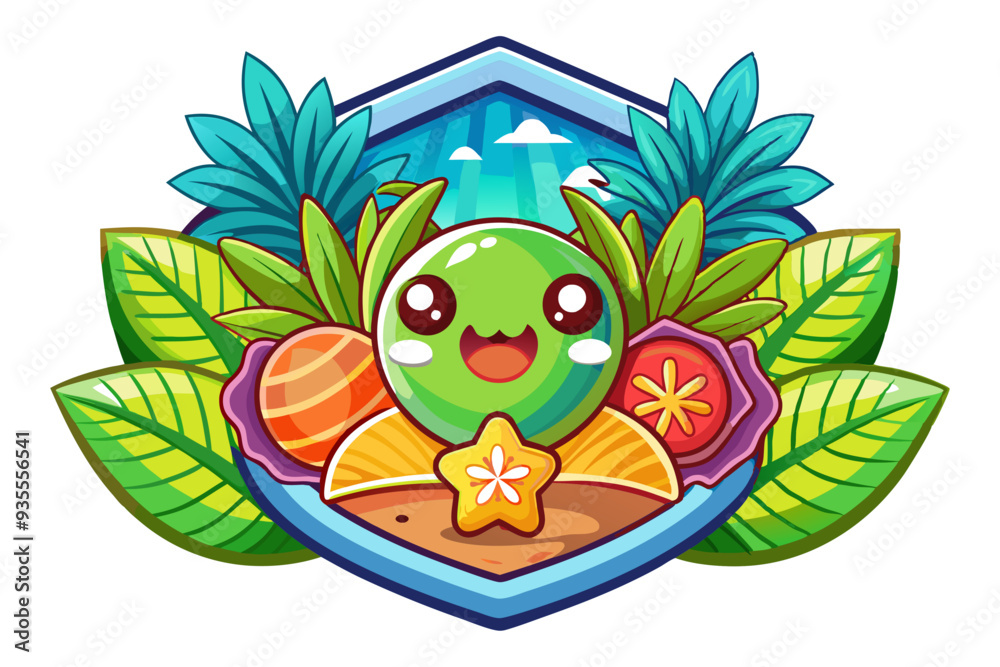 Fototapeta premium Cartoon Green Fruit Character with Surrounding Tropical Foliage