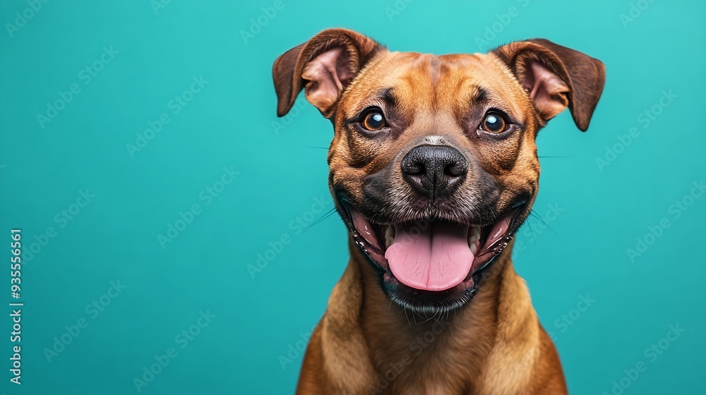 studio headshot portrait of smiling mixed breed brown fawn colored dog with tongue sticking out against a turquoise background : Generative AI studio headshot portrait of smiling mixed breed brown fawn colored dog with tongue sticking out against a turquoise background : Generative AI