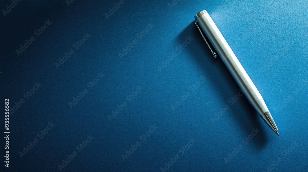 Minimalist blue background with a sleek silver pen, neatly positioned and shadowed