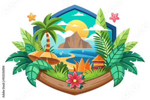 Tropical Island Scene with Palm Tree, Flowers, and a Wooden Sign