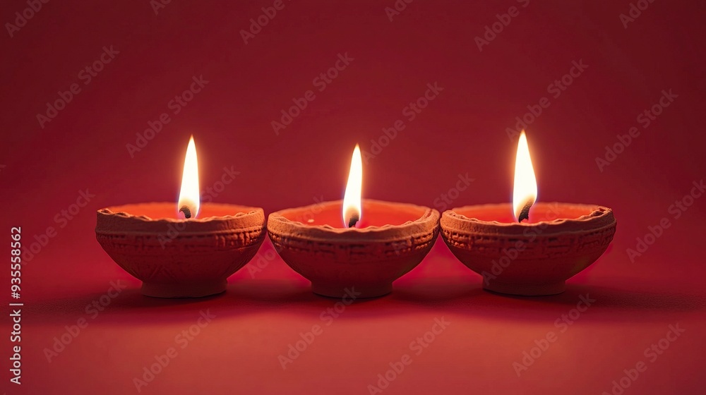 Happy Diwali - Clay Diya lamps lit during Diwali, Hindu festival of lights celebration. Colorful traditional oil lamp diya on red background.generative ai Happy Diwali - Clay Diya lamps lit during Diwali, Hindu festival of lights celebration. Colorful traditional oil lamp diya on red background.generative ai