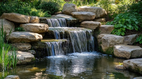Peaceful waterfall trickling down a series of terraced rocks into a calm, reflective pond