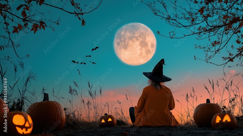 Fototapeta premium A woman in a witch costume sits in a field of pumpkins and a full moon. The scene is set in the autumn, with the woman surrounded by pumpkins and the moon casting a soft glow over the area