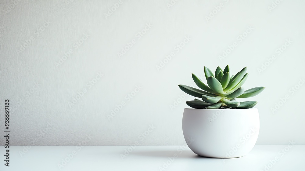 Simple white background with a single green succulent in a white pot, placed slightly off-center Simple white background with a single green succulent in a white pot, placed slightly off-center