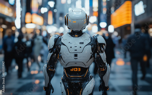 Wallpaper Mural White humanoid robot in a busy cyberpunk city street. Rear view of illuminated mechanical figure. Futuristic technology and robotics concept. Torontodigital.ca