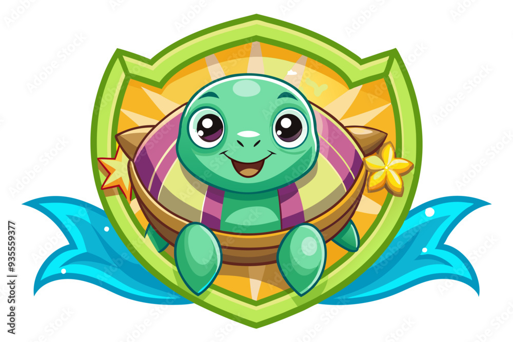 Fototapeta premium Cartoon Turtle in a Shell with a Flower and a Star