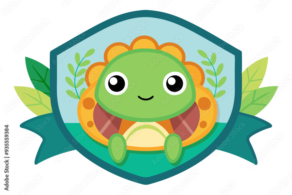Cute Cartoon Turtle in a Shield with Leaves Cute Cartoon Turtle in a Shield with Leaves