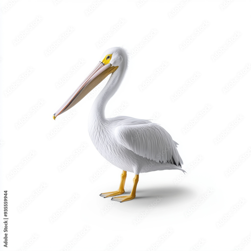 A detailed image of a white pelican standing against a white background, showcasing its large beak and plumage. A detailed image of a white pelican standing against a white background, showcasing its large beak and plumage.