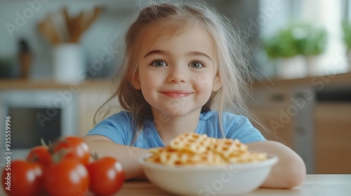 Pretty little girl in blue tshirt in kitchen ready for breakfast of waffles tomato and Italian cheese The concept of proper healthy nutrition Selected focus High quality photo : Generative AI