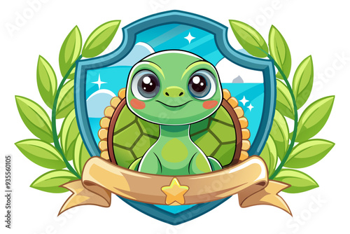 Cartoon Turtle with Star and Laurel Wreath Inside a Shield