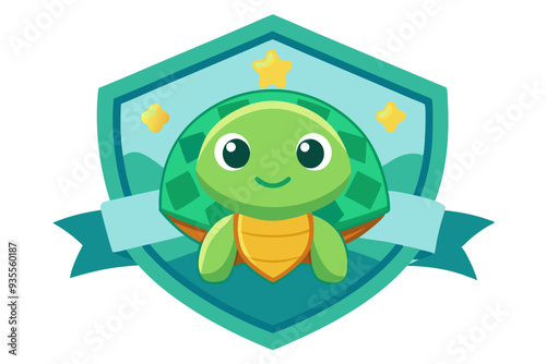 Cute Cartoon Turtle with Shield and Ribbon