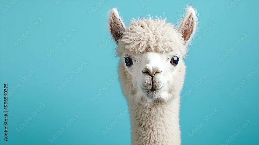 Fototapeta premium White alpaca on blue background : Generative AI