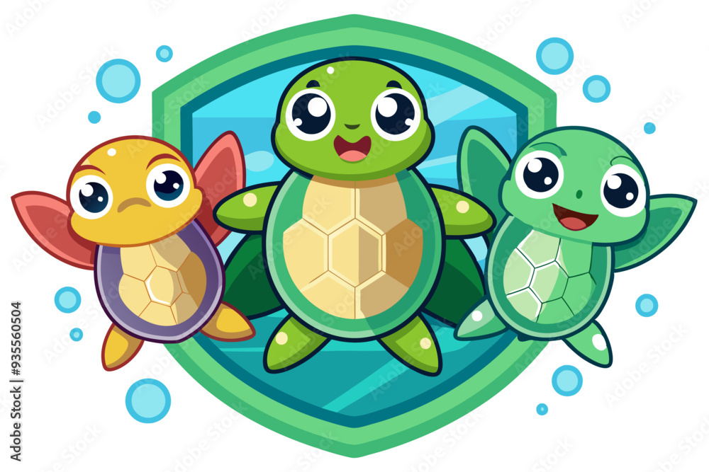 Obraz premium Three Cartoon Turtles with Big Eyes and Smiling Faces Surrounded by Bubbles