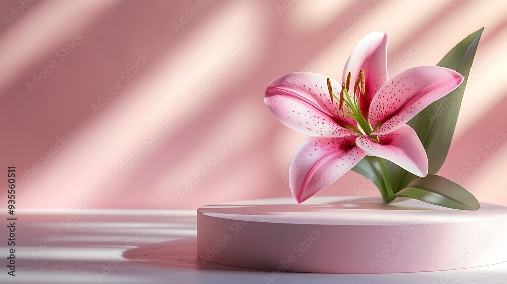 Empty podium with pink lily flower and aesthetic sunlight shadows Background for cosmetic perfume design and product presentation floral showcase : Generative AI Empty podium with pink lily flower and aesthetic sunlight shadows Background for cosmetic perfume design and product presentation floral showcase : Generative AI