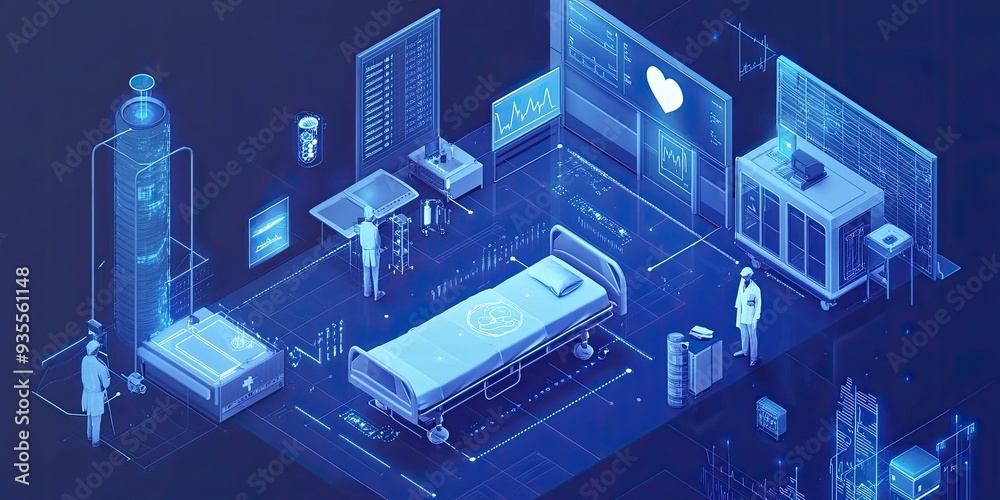 Futuristic hospital room with a digital patient bed. Futuristic hospital room with a digital patient bed.
