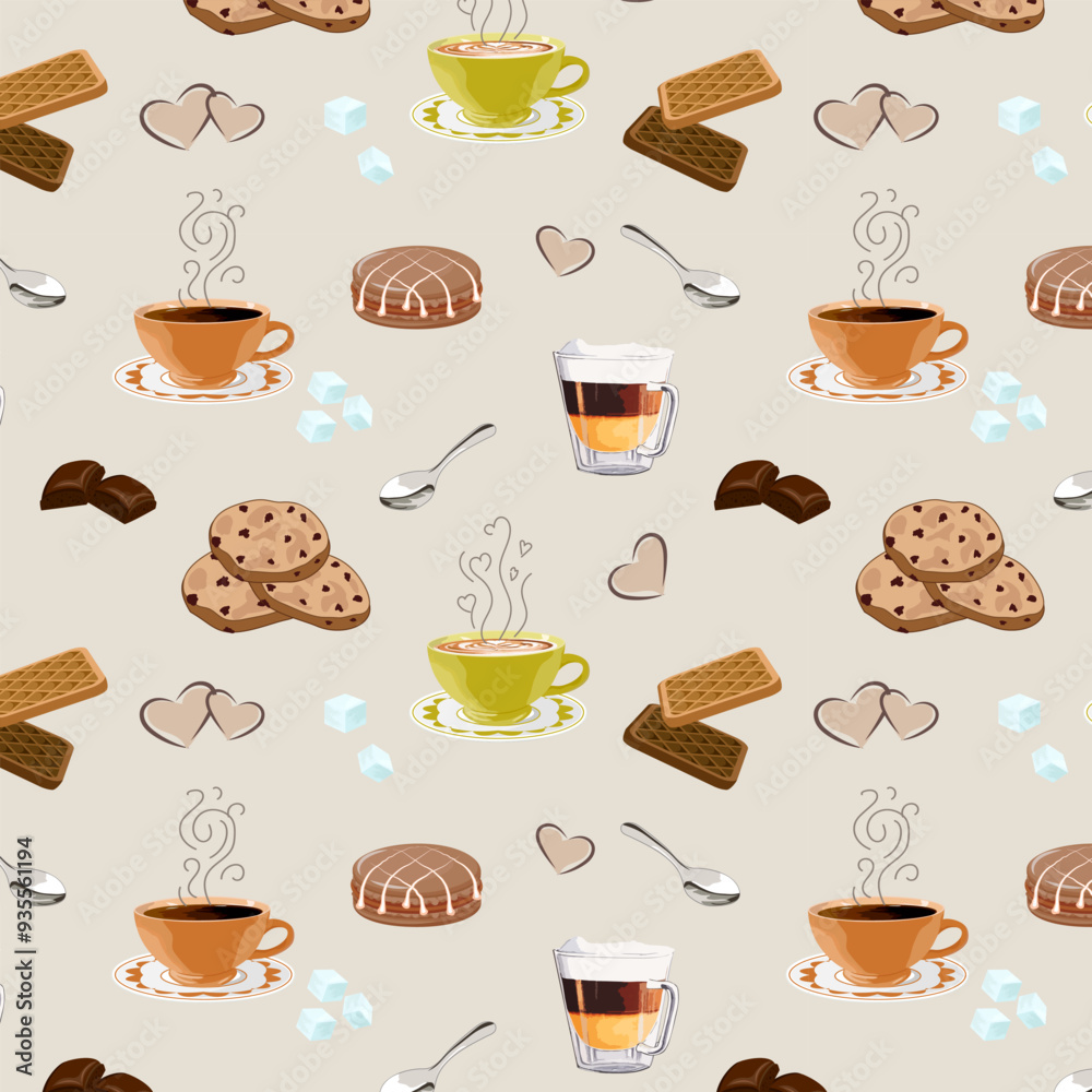 Cups with coffee and cookies.Vector seamless pattern with cups, cookies and sugar cubes on a colored background. Cups with coffee and cookies.Vector seamless pattern with cups, cookies and sugar cubes on a colored background.